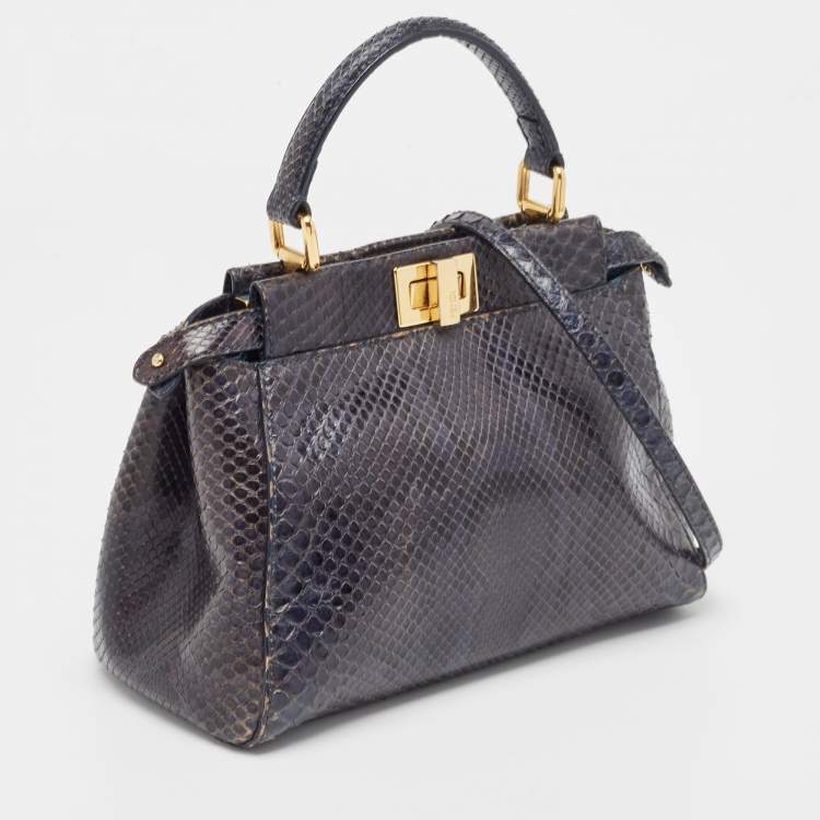 Pre Owned Fendi Navy Blue Python Mini Peekaboo Top Handle Bag
