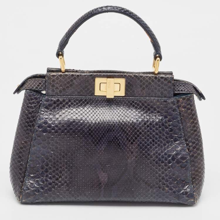 Pre Owned Fendi Navy Blue Python Mini Peekaboo Top Handle Bag