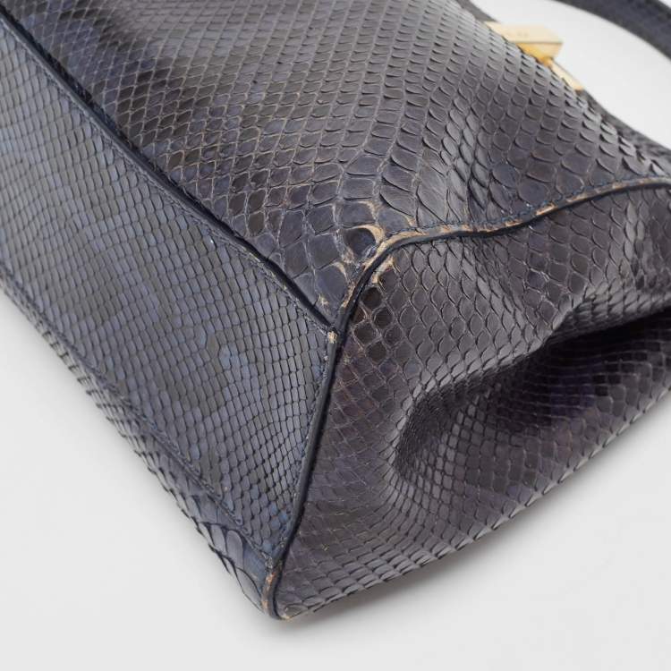 Pre Owned Fendi Navy Blue Python Mini Peekaboo Top Handle Bag