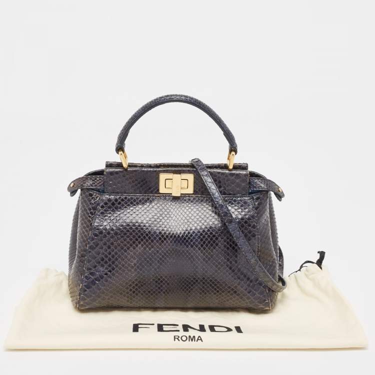 Pre Owned Fendi Navy Blue Python Mini Peekaboo Top Handle Bag