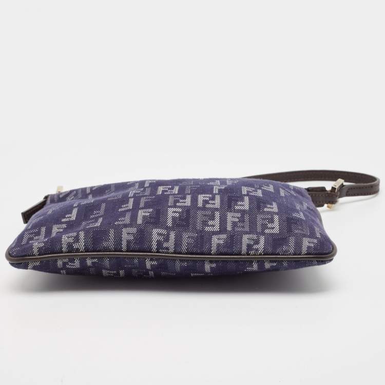 Pre Owned Fendi Blue/Brown Zucchino Canvas and Leather Zip Pochette Bag
