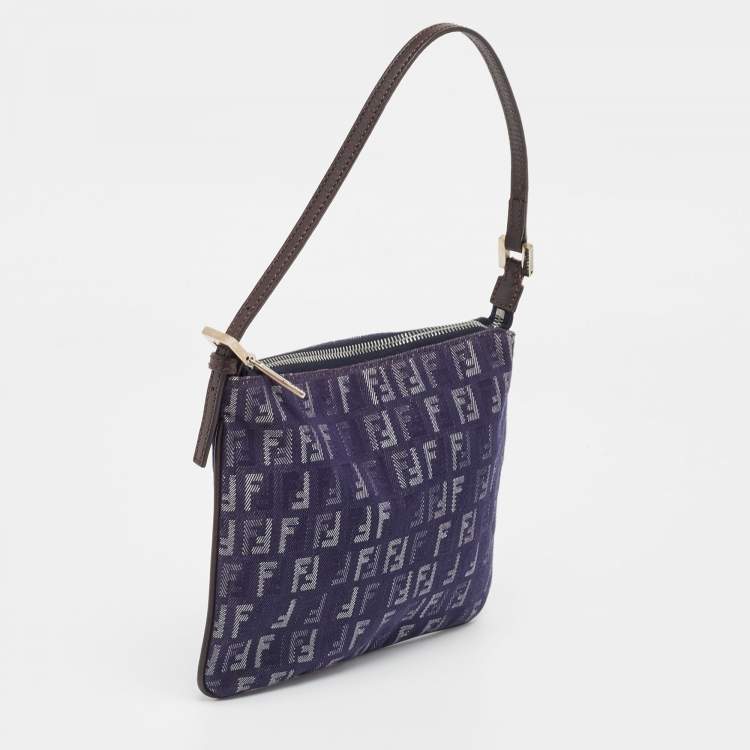 Pre Owned Fendi Blue/Brown Zucchino Canvas and Leather Zip Pochette Bag