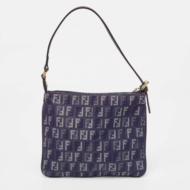 Pre Owned Fendi Blue/Brown Zucchino Canvas and Leather Zip Pochette Bag