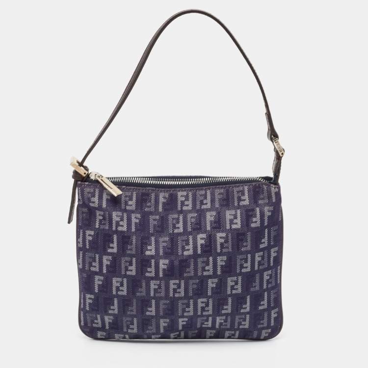 Pre Owned Fendi Blue/Brown Zucchino Canvas and Leather Zip Pochette Bag