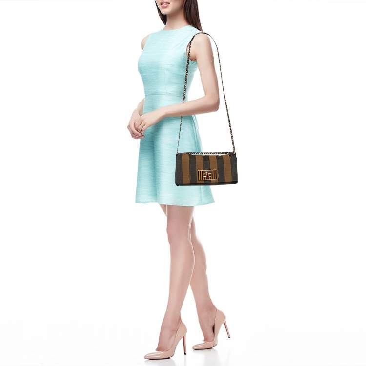 Pre Owned Fendi Tobacco Pequin Canvas and Leather Small Claudia Shoulder Bag