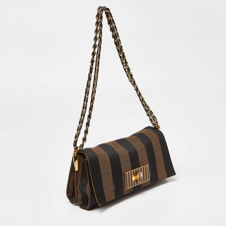 Pre Owned Fendi Tobacco Pequin Canvas and Leather Small Claudia Shoulder Bag