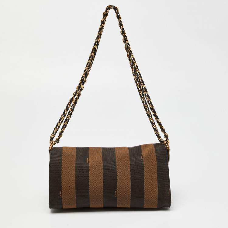 Pre Owned Fendi Tobacco Pequin Canvas and Leather Small Claudia Shoulder Bag