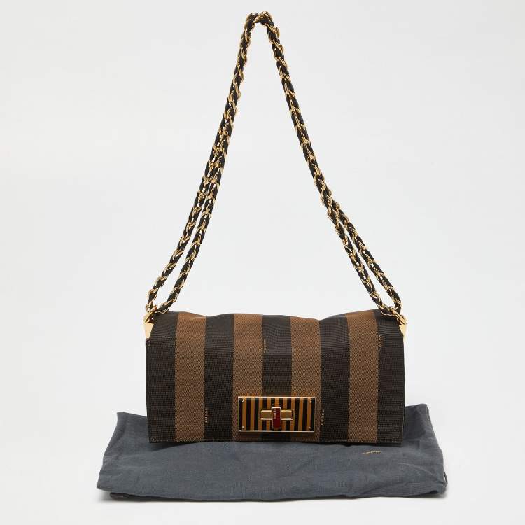 Pre Owned Fendi Tobacco Pequin Canvas and Leather Small Claudia Shoulder Bag