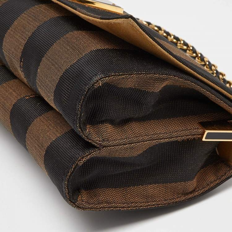 Pre Owned Fendi Tobacco Pequin Canvas and Leather Small Claudia Shoulder Bag