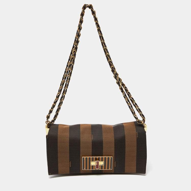Pre Owned Fendi Tobacco Pequin Canvas and Leather Small Claudia Shoulder Bag