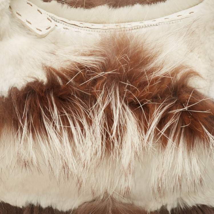 Pre Owned Fendi White/Brown Selleria Leather and Rabbit Fur Zip Hobo