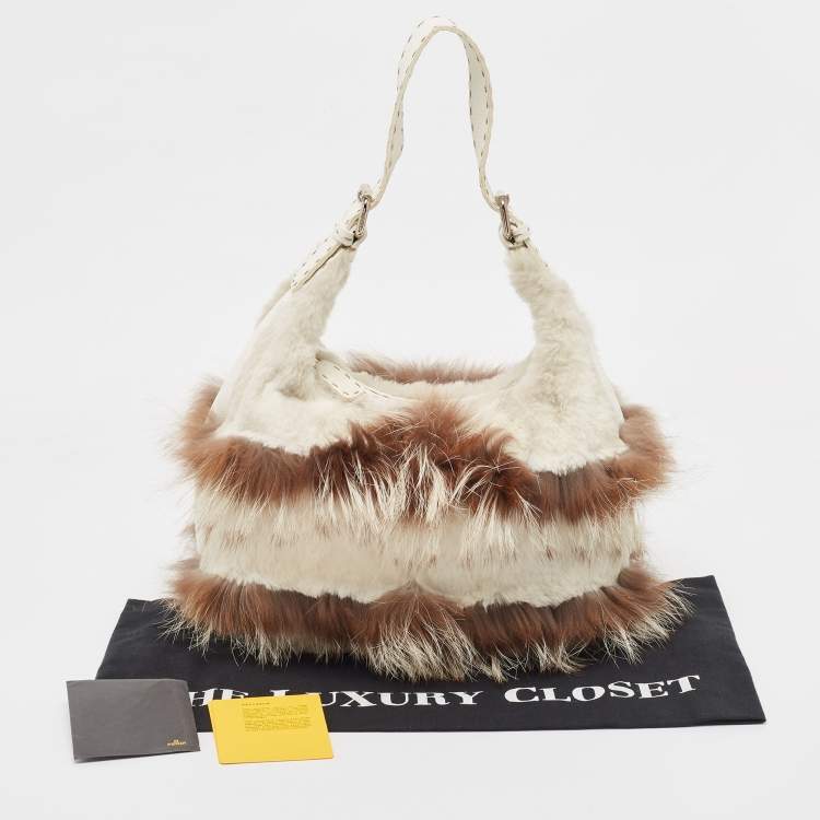 Pre Owned Fendi White/Brown Selleria Leather and Rabbit Fur Zip Hobo