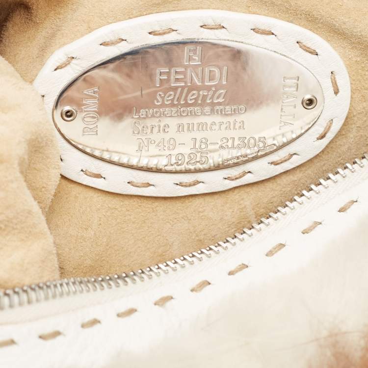 Pre Owned Fendi White/Brown Selleria Leather and Rabbit Fur Zip Hobo
