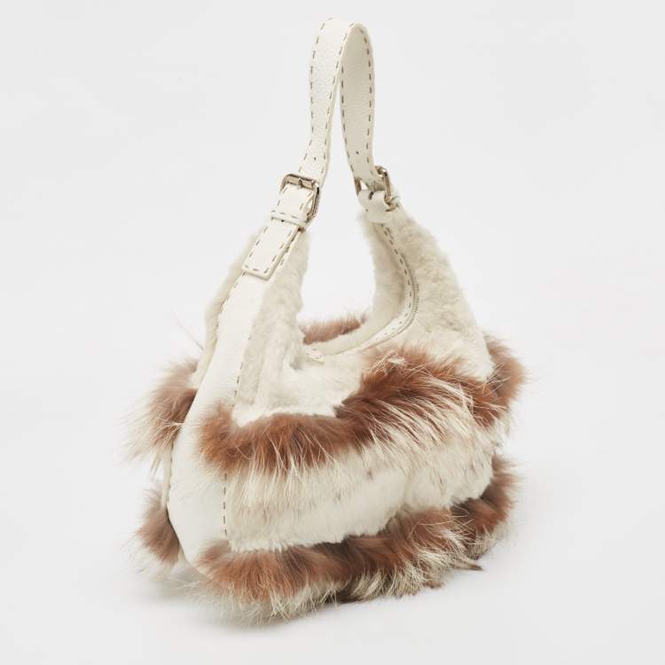 Pre Owned Fendi White/Brown Selleria Leather and Rabbit Fur Zip Hobo
