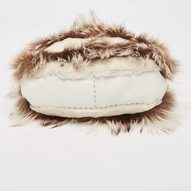 Pre Owned Fendi White/Brown Selleria Leather and Rabbit Fur Zip Hobo