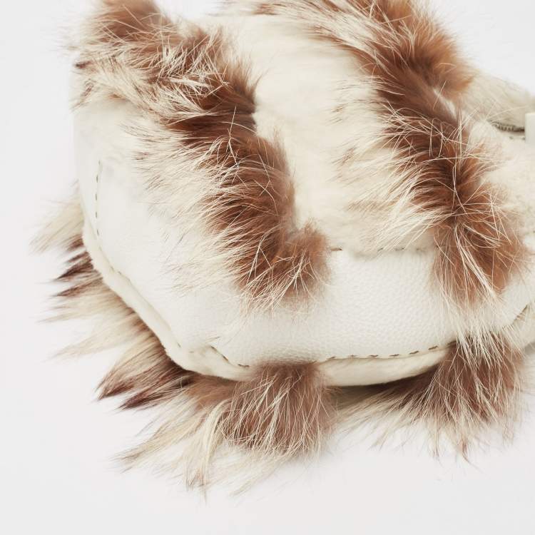 Pre Owned Fendi White/Brown Selleria Leather and Rabbit Fur Zip Hobo
