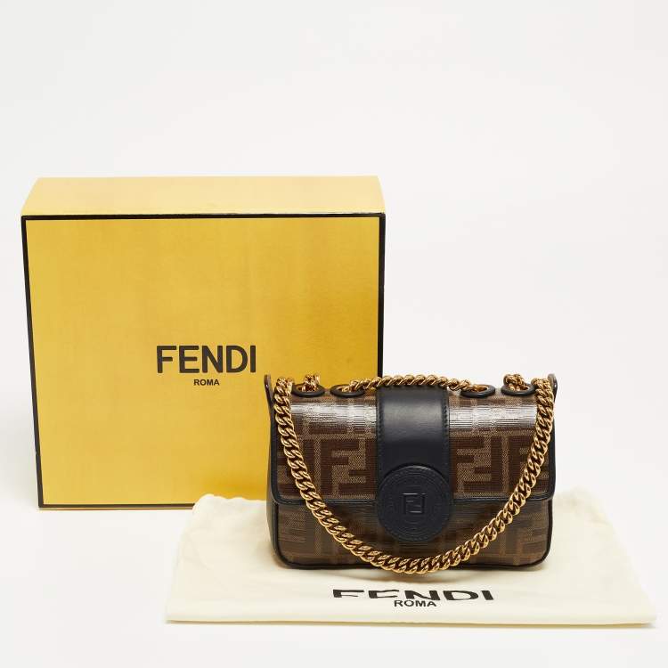 Pre Owned Fendi Tobacco Zucca Coated Canvas and Leather 1974 FF Flap Crossbody Bag