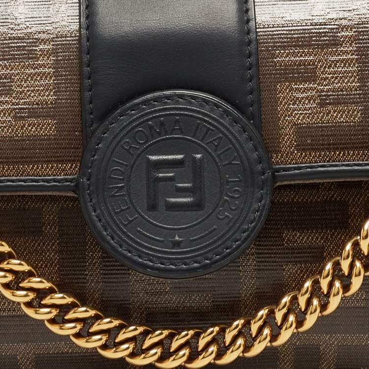 Pre Owned Fendi Tobacco Zucca Coated Canvas and Leather 1974 FF Flap Crossbody Bag