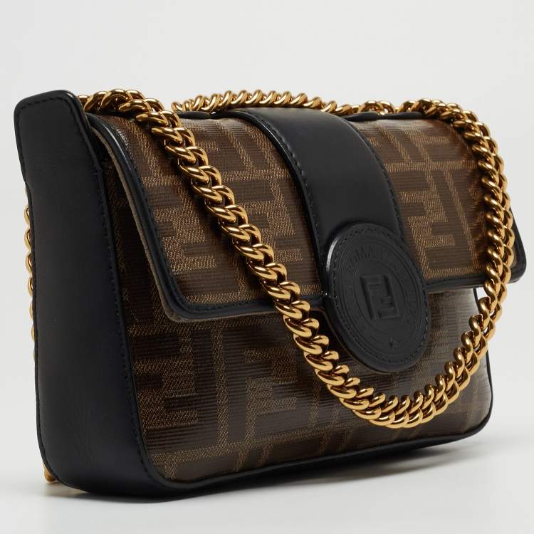 Pre Owned Fendi Tobacco Zucca Coated Canvas and Leather 1974 FF Flap Crossbody Bag