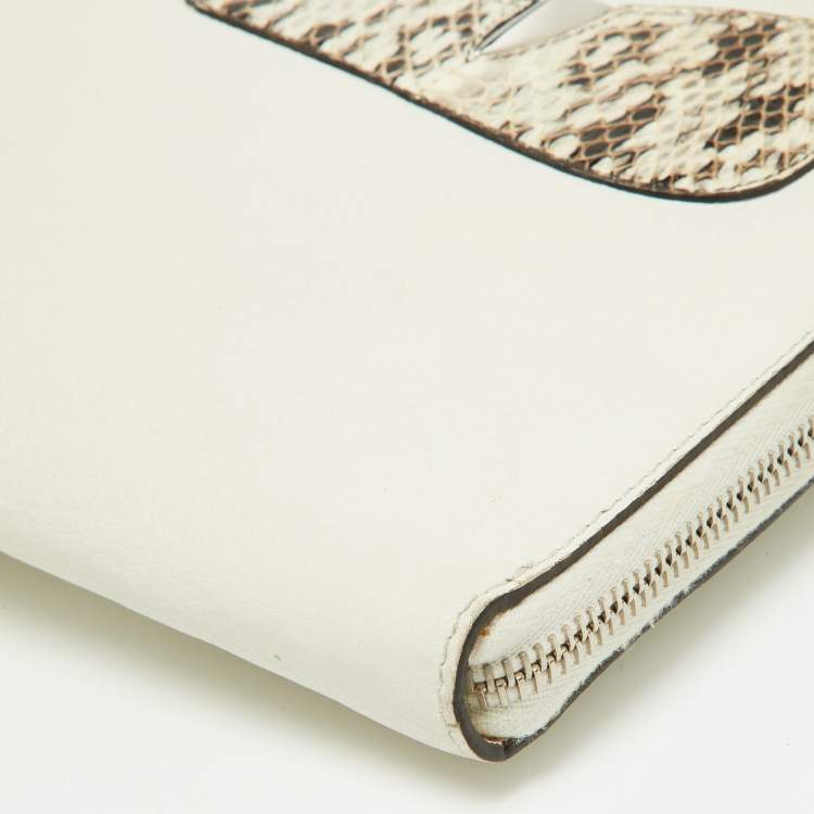 Pre Owned Fendi Off White/Brown Leather and Watersnake Leather Monster Eyes Zip Pouch
