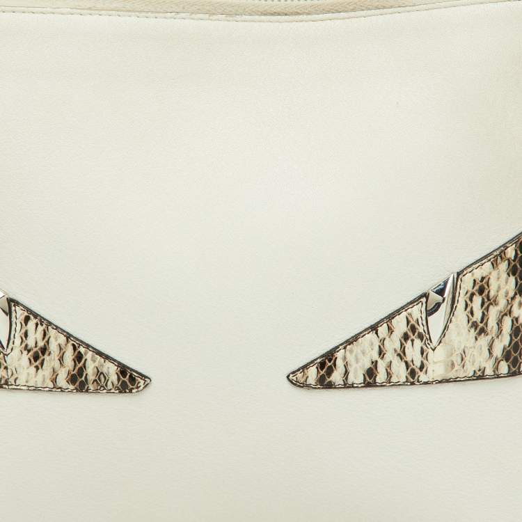Pre Owned Fendi Off White/Brown Leather and Watersnake Leather Monster Eyes Zip Pouch