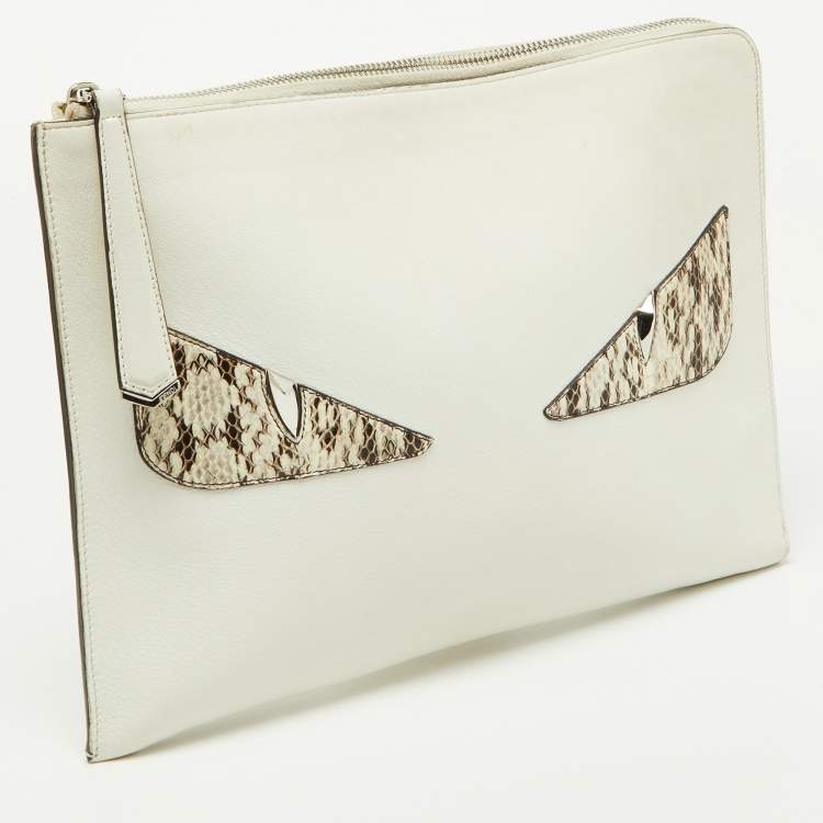 Pre Owned Fendi Off White/Brown Leather and Watersnake Leather Monster Eyes Zip Pouch