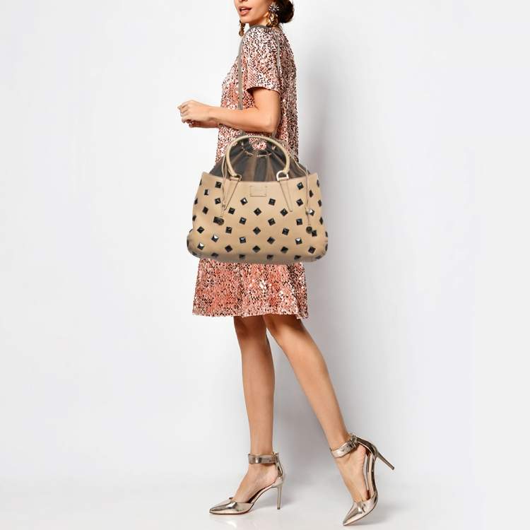 Pre Owned Fendi Light Beige Leather Studded B. Fab Tote