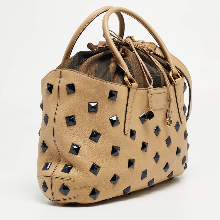 Pre Owned Fendi Light Beige Leather Studded B. Fab Tote