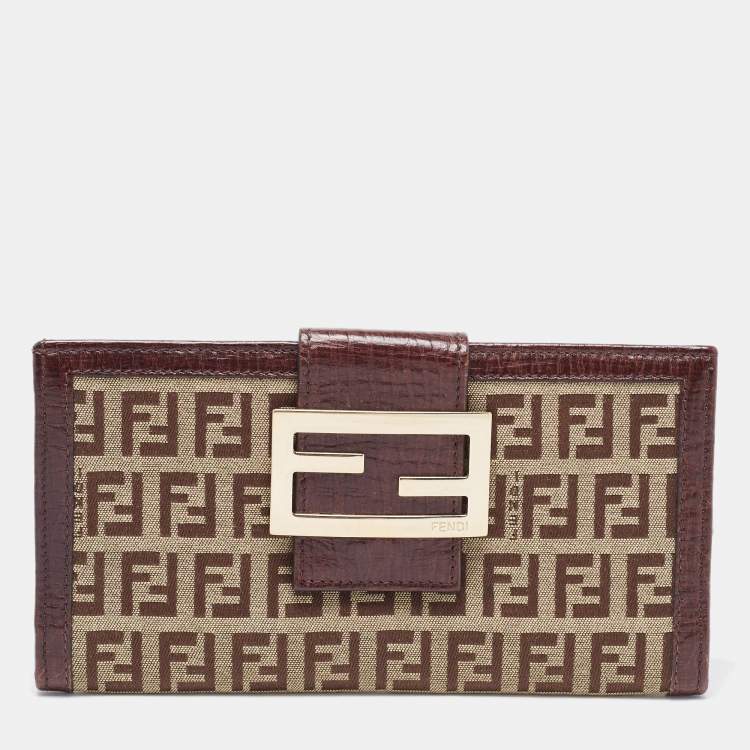 Pre Owned Fendi Beige/Brown Zucca Canvas and Leather Bi-fold Continental Wallet