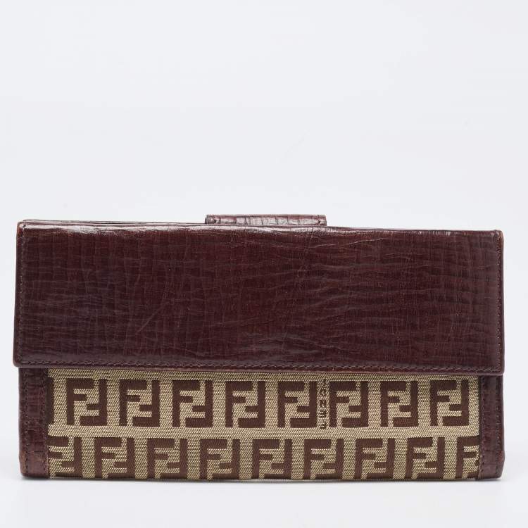 Pre Owned Fendi Beige/Brown Zucca Canvas and Leather Bi-fold Continental Wallet