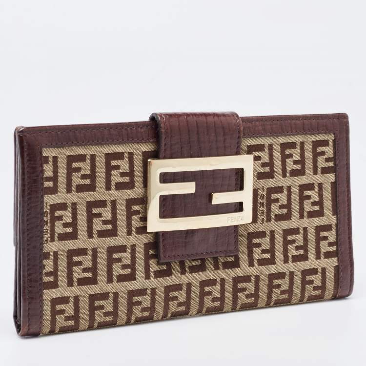 Pre Owned Fendi Beige/Brown Zucca Canvas and Leather Bi-fold Continental Wallet