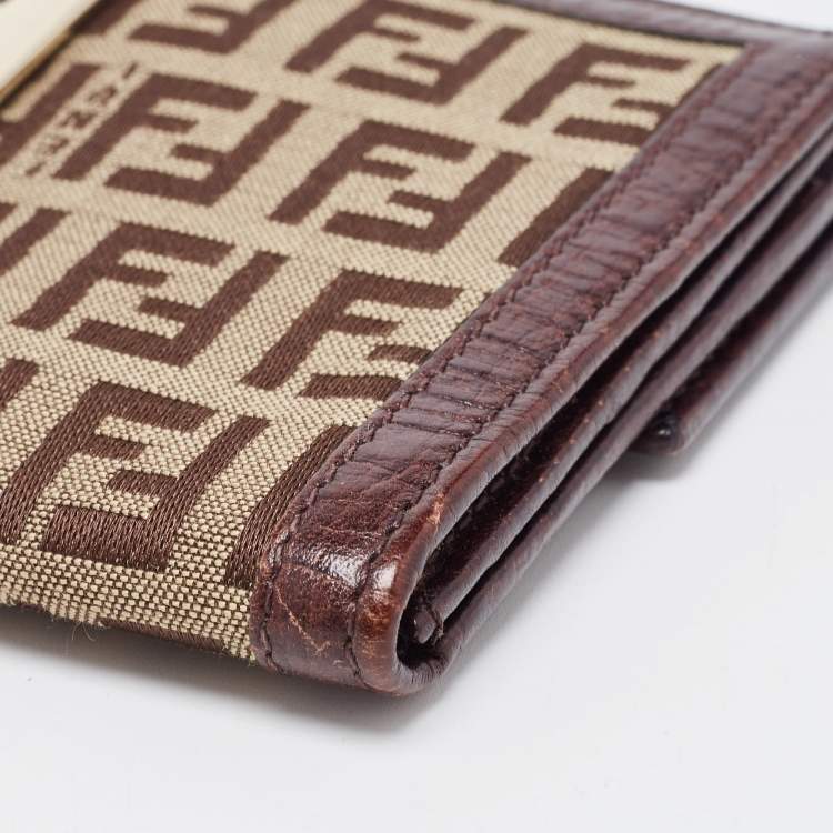 Pre Owned Fendi Beige/Brown Zucca Canvas and Leather Bi-fold Continental Wallet