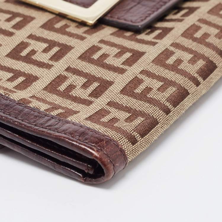 Pre Owned Fendi Beige/Brown Zucca Canvas and Leather Bi-fold Continental Wallet