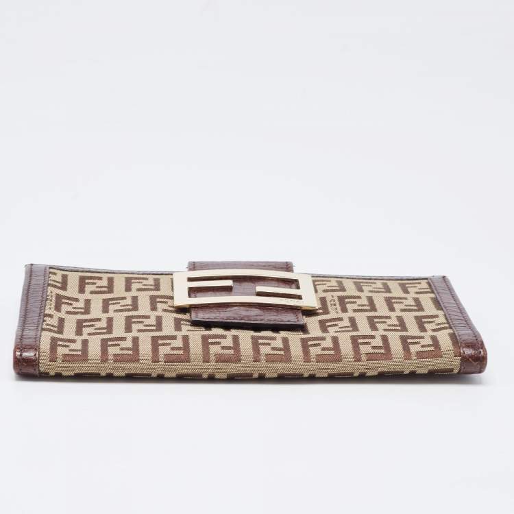 Pre Owned Fendi Beige/Brown Zucca Canvas and Leather Bi-fold Continental Wallet