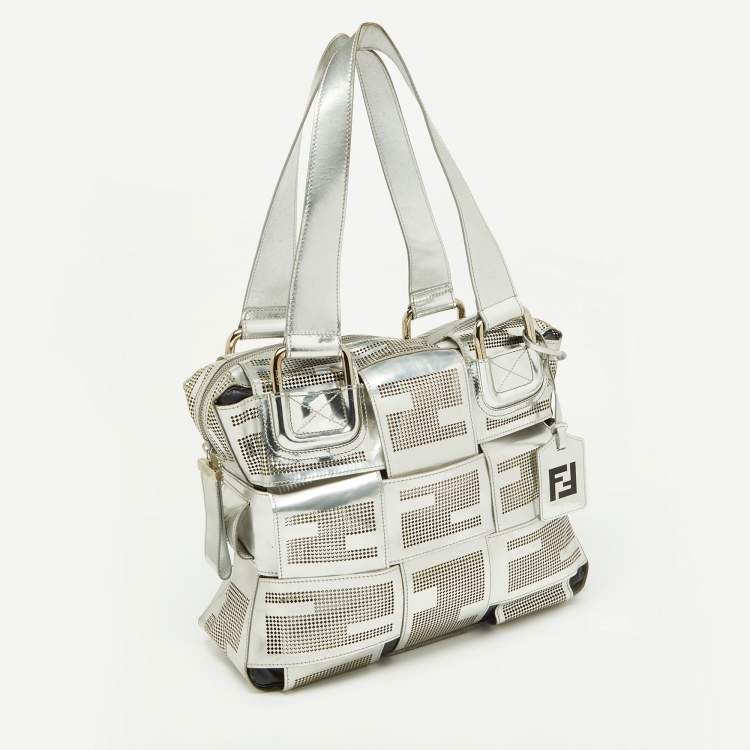 Pre Owned Fendi Silver Perforated Patent Leather Crossword Grande Bag