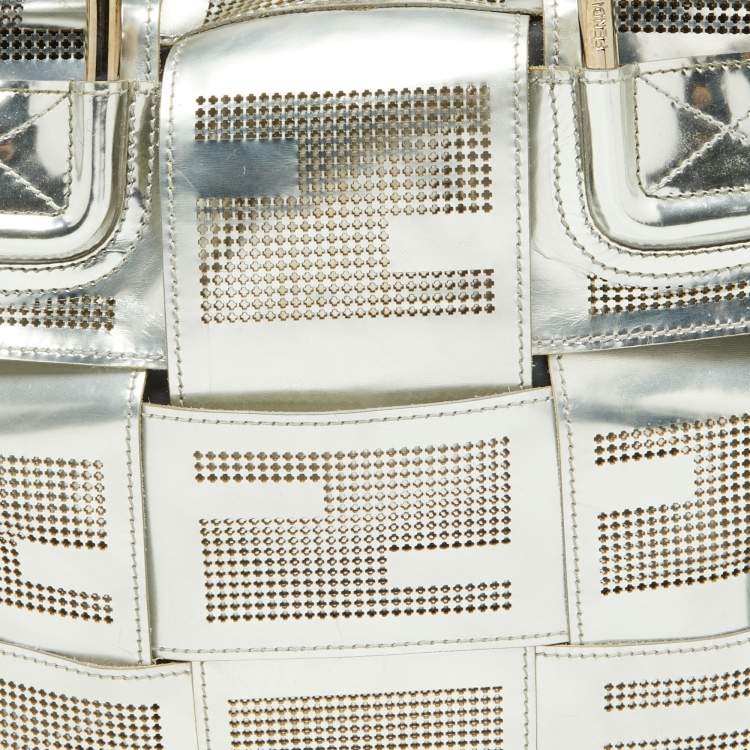 Pre Owned Fendi Silver Perforated Patent Leather Crossword Grande Bag