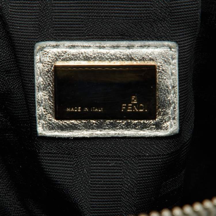 Pre Owned Fendi Silver Perforated Patent Leather Crossword Grande Bag