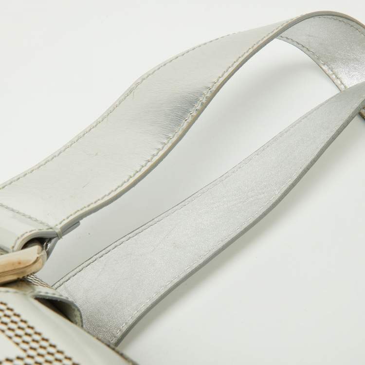 Pre Owned Fendi Silver Perforated Patent Leather Crossword Grande Bag