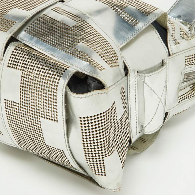 Pre Owned Fendi Silver Perforated Patent Leather Crossword Grande Bag