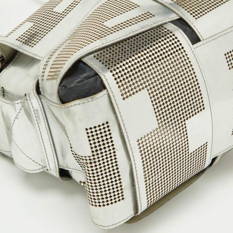 Pre Owned Fendi Silver Perforated Patent Leather Crossword Grande Bag