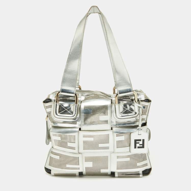 Pre Owned Fendi Silver Perforated Patent Leather Crossword Grande Bag