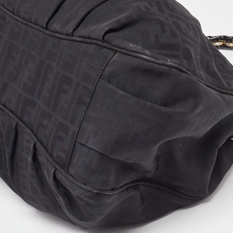 Pre Owned Fendi Black Zucca Canvas and Patent Leather Mia Shoulder Bag