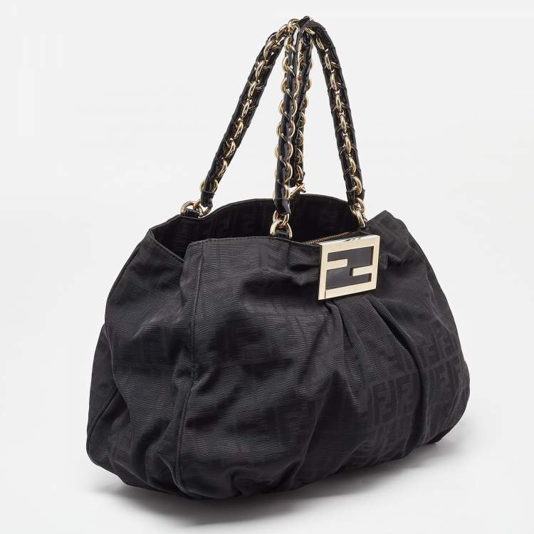 Pre Owned Fendi Black Zucca Canvas and Patent Leather Mia Shoulder Bag
