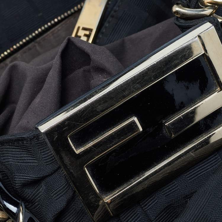 Pre Owned Fendi Black Zucca Canvas and Patent Leather Mia Shoulder Bag