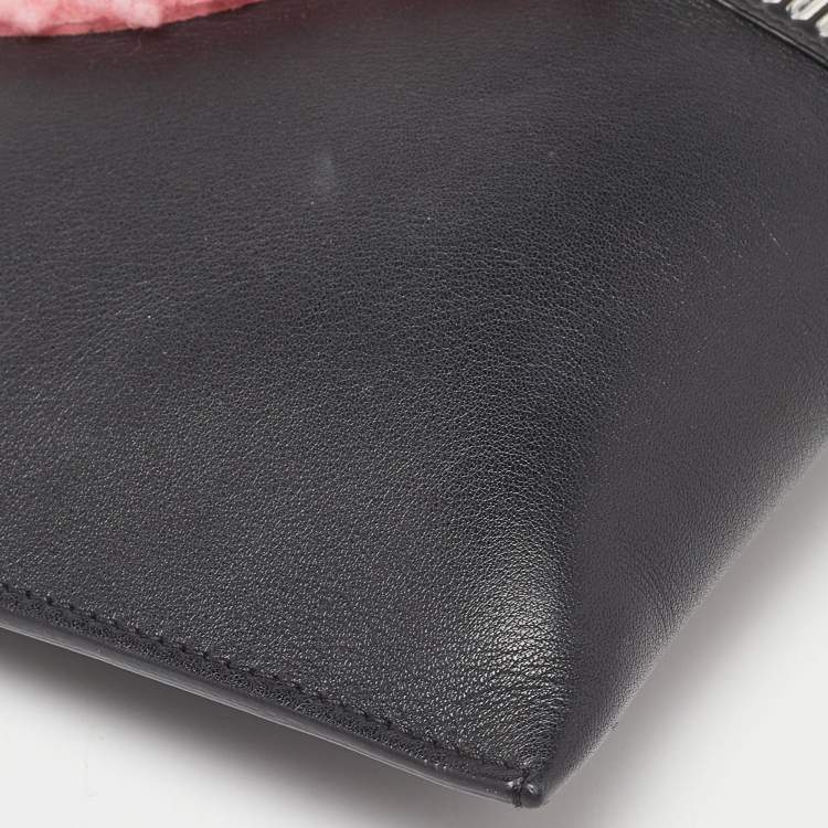 Pre Owned Fendi Black Leather and Shearling Fur FF Fflynn Zip Clutch