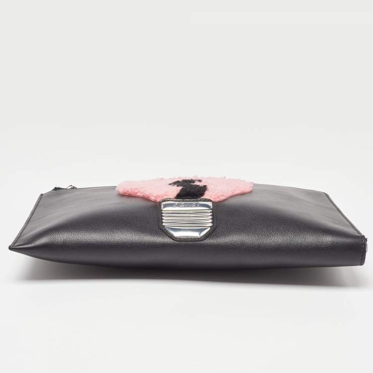 Pre Owned Fendi Black Leather and Shearling Fur FF Fflynn Zip Clutch