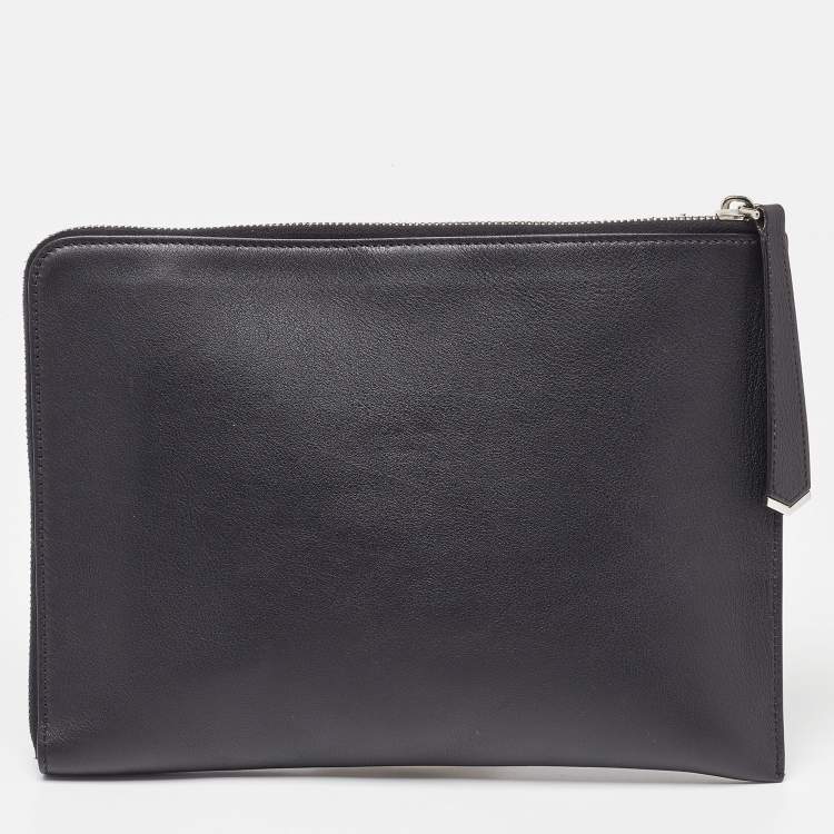 Pre Owned Fendi Black Leather and Shearling Fur FF Fflynn Zip Clutch