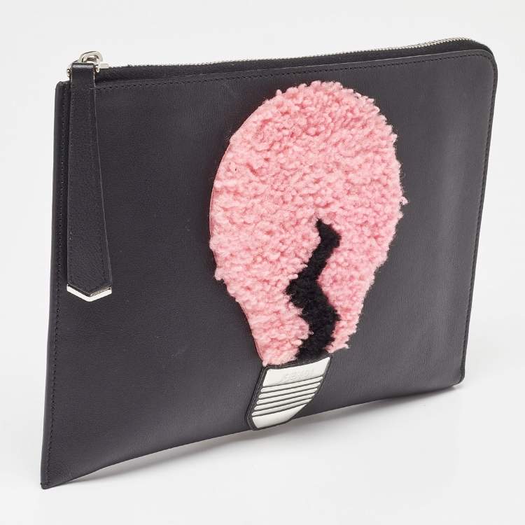 Pre Owned Fendi Black Leather and Shearling Fur FF Fflynn Zip Clutch