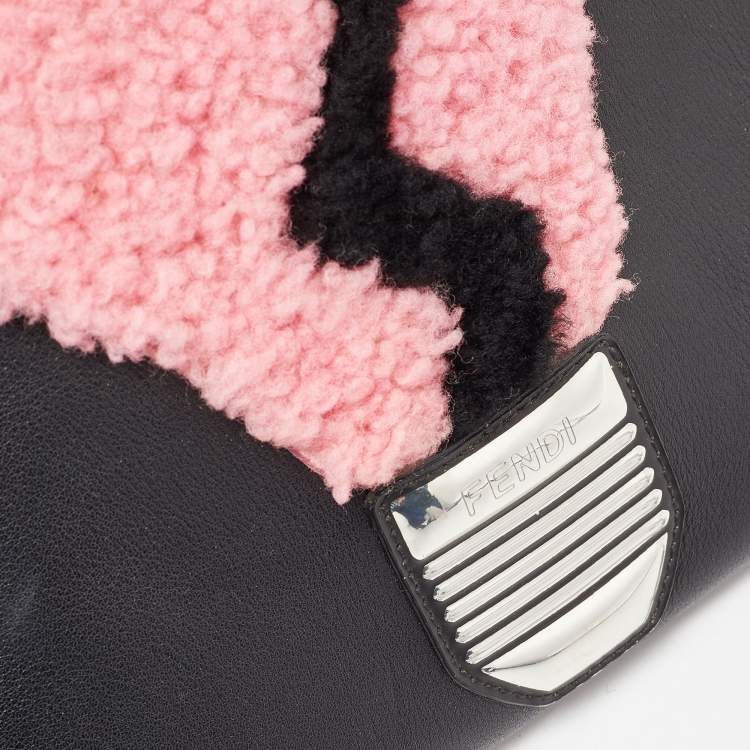 Pre Owned Fendi Black Leather and Shearling Fur FF Fflynn Zip Clutch