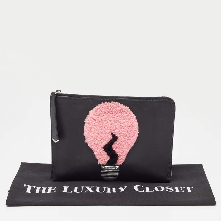 Pre Owned Fendi Black Leather and Shearling Fur FF Fflynn Zip Clutch